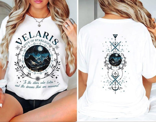 2 slides, Velaris City Of Starlight Shirt, ACOTAR Tee, Retro Velaris Bookish Shirt, Unisex House Of Wind Book Clothing, Night Court SJM Fit T-Shirt