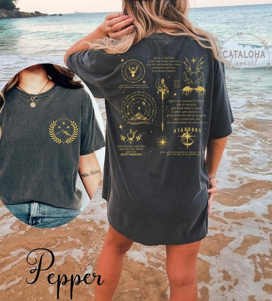 2 slides,SJM T-shirt, Night court, Velaris, Wing span, Terrasen, Bryce Quinlan, The stars who listen, SJM graphics, SJM fan shirt, Fantasy Reader Shirt
