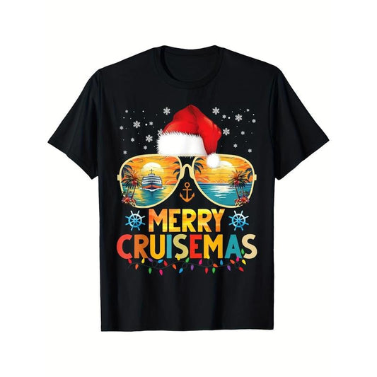 220g Breathable Merry Cruisemas Santa Hat Retro Cruise Ship Christmas Cruise Printed T-shirt, Comfortable Soft Casual Short Sleeve, Black Men, Daily Wear, All Season made in usa
