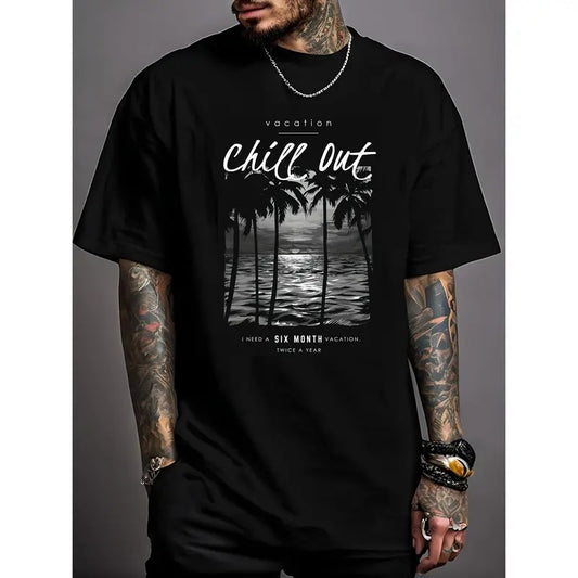 220g High-Quality Cotton Palm Tree Creative Print Short Sleeve T-Shirt - Soft, Breathable, Slightly Stretchy, Casual Summer Top for Men with Rib-Knit Details and Pleated Hem - Machine Washable, Weekend Casual Wear Made in USA
