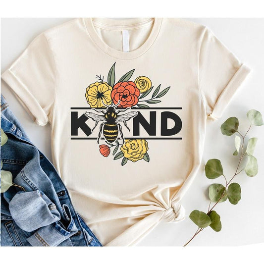 #256 - BEE Kind Flowers Floral  Print Unisex Crew neck Tee T-shirt