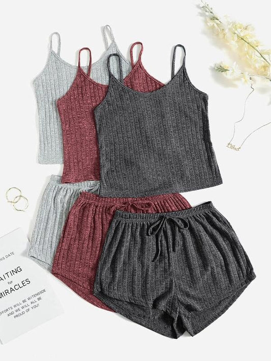 3 Sets Rib Knit Lounge Set Crop Cami Top and Tie Front Shorts Sleepwear Pajama SetY2K