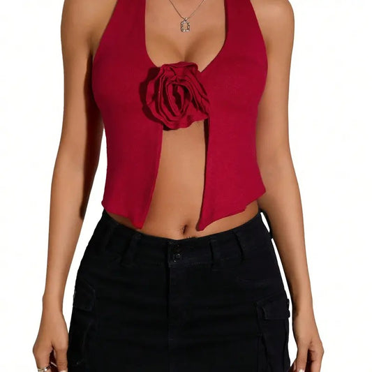 3D Floral Appliques Open Front Sleeveless V Neck Halter Top Solid Casual Rib Knitted Tank Tops