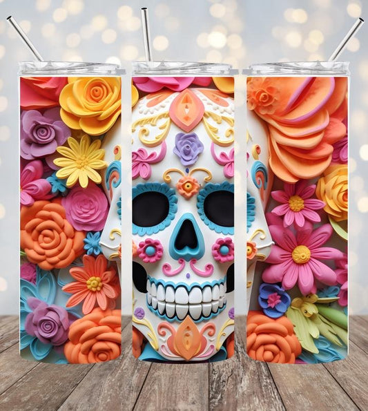3D Skull and Flowers 20oz Stainless steel tumbler