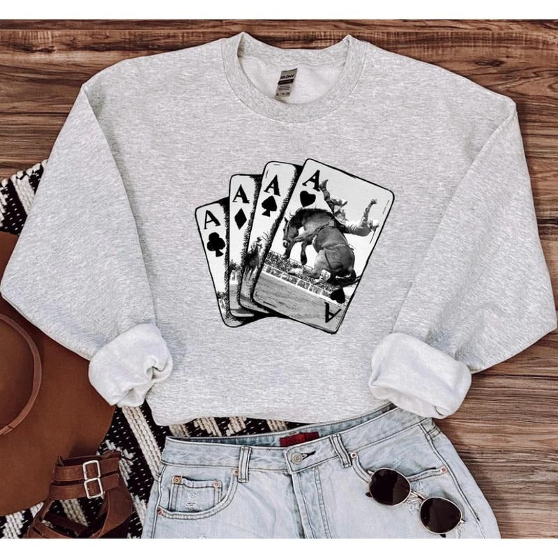 4 Aces Cowboys cards Sweatshirt, Crewneck Graphic SweatShirt, cowgirl outfits, western outfit women, western tops, western tops, rodeo outfits women, shirt sweatshirt hoodie
