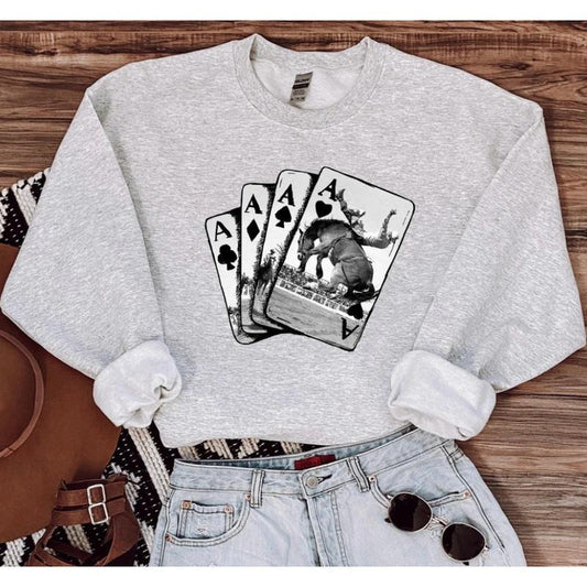 4 Aces Cowboys cards Sweatshirt, Crewneck Graphic SweatShirt, cowgirl outfits, western outfit women, western tops, western tops, rodeo outfits women, shirt sweatshirt hoodie