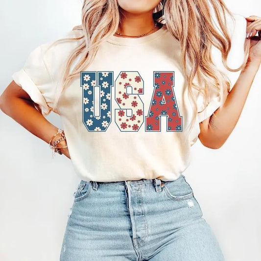 4Th Of July Shirt - Usa Floral Flowers Shirt - Independence Day Women Tee, Fourth Of July Shirt, Patriotic Shirt, 4Th Of July, 4Th Fourth Of July Power Freedom Retro America Set Design-All