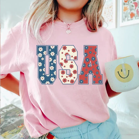 4th Of Julyshirt Usa Floral Flowers Shirt Independence Day Women Tee, Womens Mens Shirt, 4th Fourth Of July, Power Freedom, Unisex T-Shirt, Gifts For Man Women, Short Sleeve Tee Shirt, Gifts For Birthday Fathers Day Christmas Anniversary Thanksgiving
