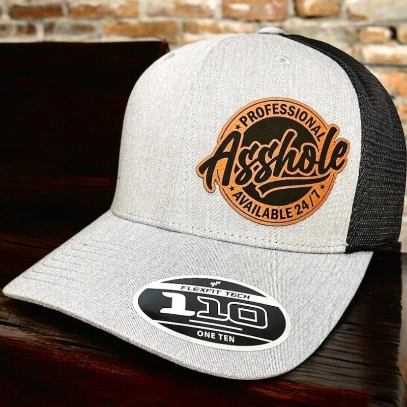 Professional Asshole Available 24/7 Patch Hat, Custom Leather Patch Hat, Leatherette, Trucker Style, Snap Back