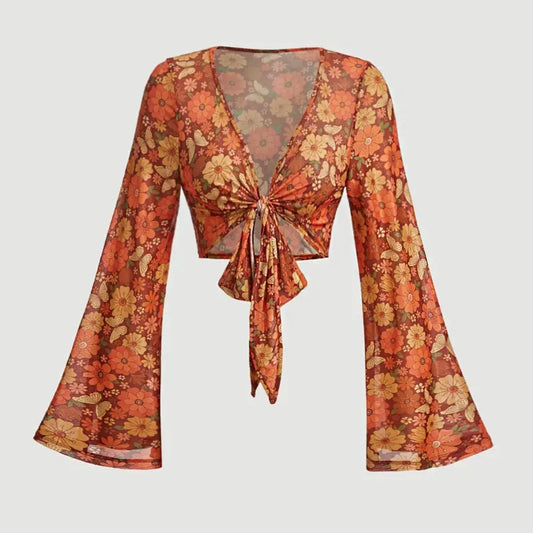 70s Tops Tie Front Bell Long Sleeve Floral Print Mesh Sheer Blouse Crop Tops