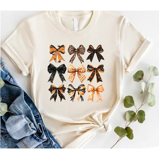 # 840 -  Orange Black Coquette Bows Halloween - Print Unisex Crew neck Tee T-shirt Top Womenswear
