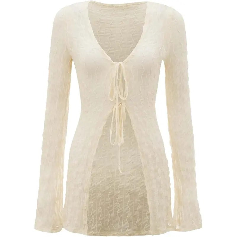 90s Top Bell Long Sleeve Tie Front Textured Sheer T-Shirt CardiganY2K