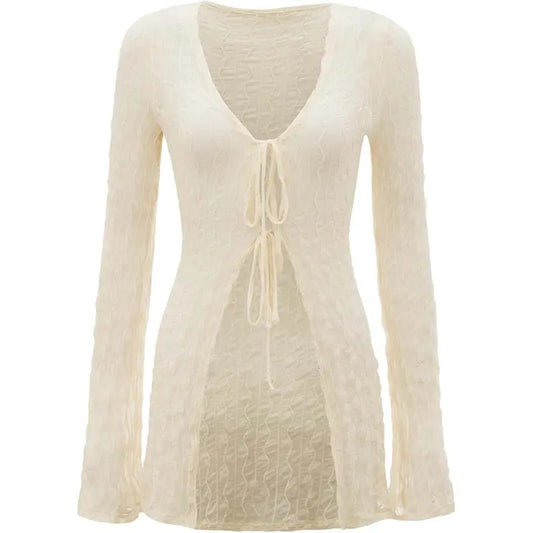 90s Top Bell Long Sleeve Tie Front Textured Sheer T-Shirt CardiganY2K
