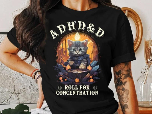 ADHD&D Roll for Concentration Sweatshirt,  ADHD&D Cat Shirt, Dungeons and Dragons Dnd T-shirt, DnD Vintage Tee, ADHD Unisex shirt, DnD Shirt, RPG Gift, Dungeons Master Sweatshirt, D20 Shirt, RPG Gift, D&D Shirt