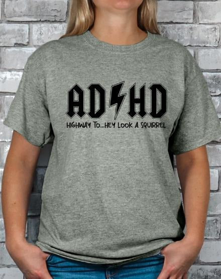 ADHD T-shirt - Women's Casual Tee with Graphic Text, Solid Color, Short Sleeve, Ideal for Summer Wear