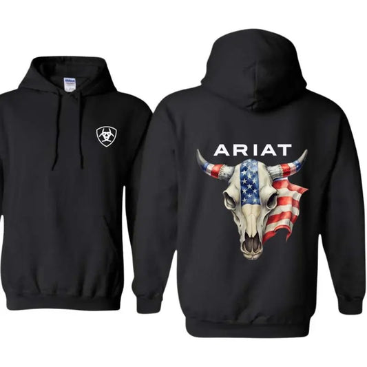 ARIAT Hoodie Featuring a bold bull skull with the American flag design Shirt Full Color For Men and Women Sweatshirt Menswear Cotton Unisex Classic