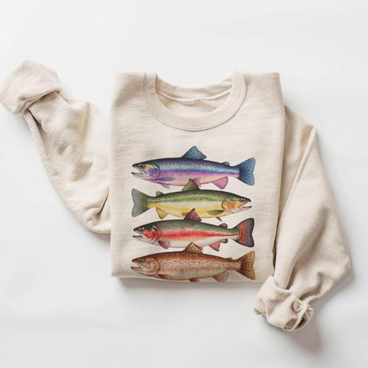 Abstract Colorful Trout In A Row Sweatshirt - River Fish Trout Species Outfit - Fly Fishing Gift - Boho Unisex Crewneck Sweatshirt