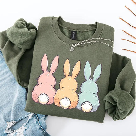 Adorable Bunnies In A Row, Easter, Bunny, Jesus, Rabbit, Holiday Sweatshirt, Crew Neck, Women's, Crewneck