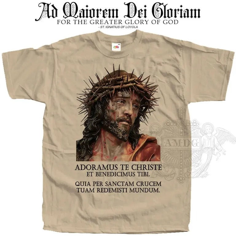 Adoramus Te Christe Jesus Christ T SHIRT Catholic Tee All Sizes S-5XL Natural Vintage Beige White Black