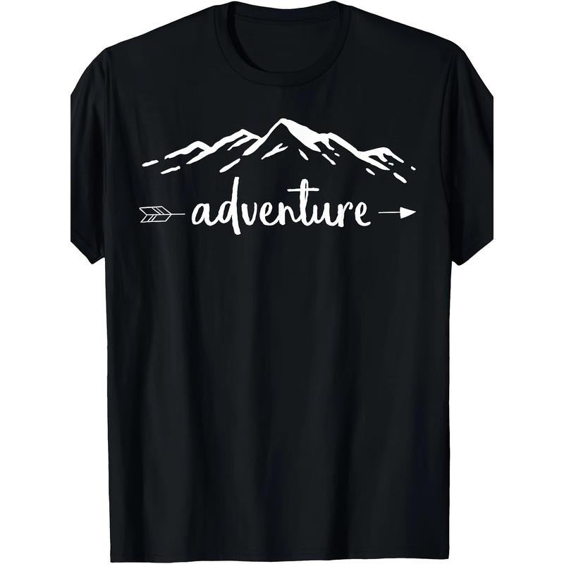 Adventure Mountain Graphic T-Shirt, 100% Cotton, Crew Neck, Short Sleeve, Regular Fit, Slight Stretch, Geometric Pattern, Casual Pullover with Digital Print for All-Season Outdoor Hiking Tee Made in USA