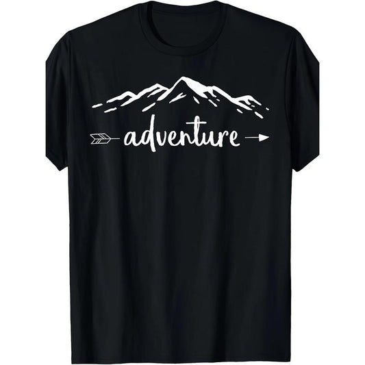 Adventure Mountain Graphic T-Shirt, 100% Cotton, Crew Neck, Short Sleeve, Regular Fit, Slight Stretch, Geometric Pattern, Casual Pullover with Digital Print for All-Season Outdoor Hiking Tee Made in USA