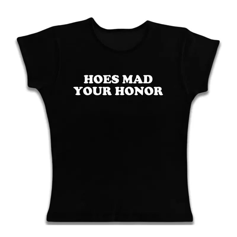 Aesthetic Vintage Y2k Style Clothes, Hoes Mad Your Honor Baby Tee, Goth Short Sleeve Emo Girls Tops, Y2k Top Women Streetwear, Women Fitted T-Shirt, Gift For Girlfriend