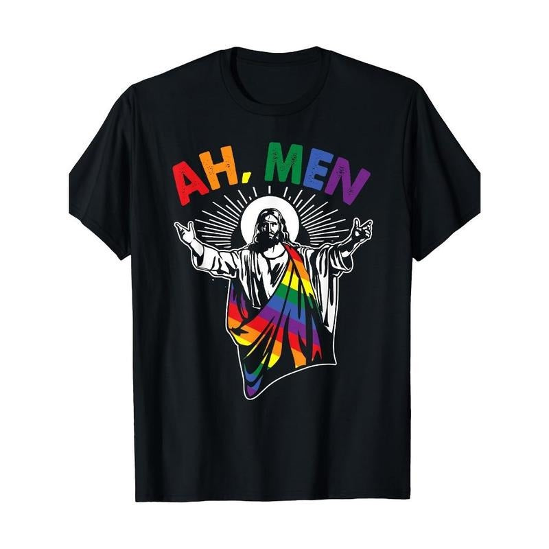 Ah Men Fun LGBT Gay Pride Jesus Rainbow Flag Christian Men's T-shirt Made in USA
