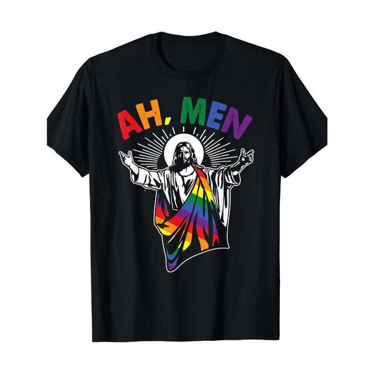 Ah Men Fun LGBT Gay Pride Jesus Rainbow Flag Christian Men's T-shirt Made in USA