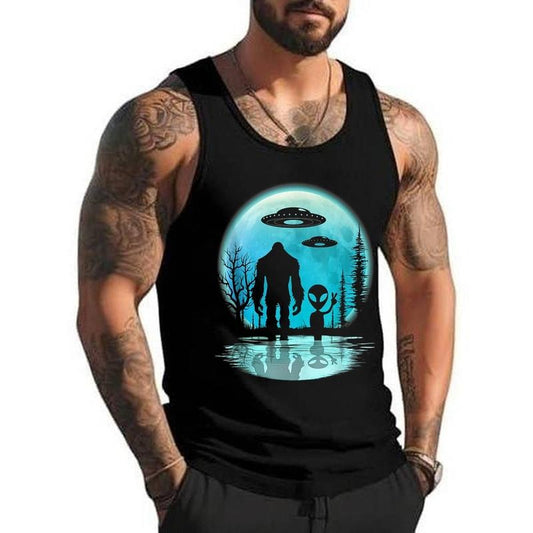 Alien And Bigfoot Moon Unisex Tank Top, Cotton, Size S-3XL