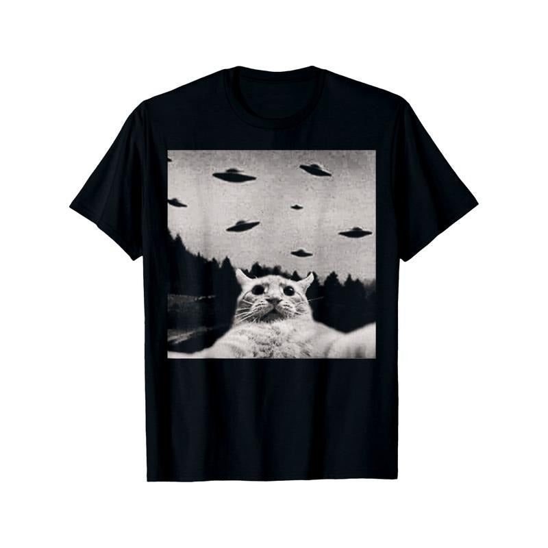 Alien Cat UFO T-Shirt Round Neck Halloween Tee for Men made in usa