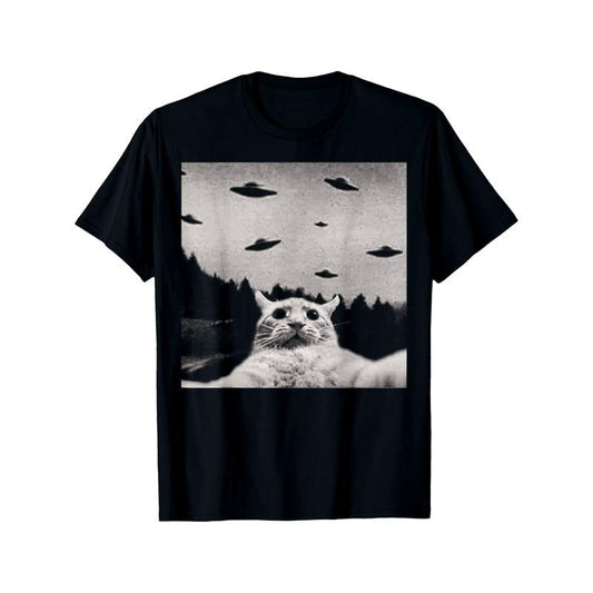Alien Cat UFO T-Shirt Round Neck Halloween Tee for Men made in usa