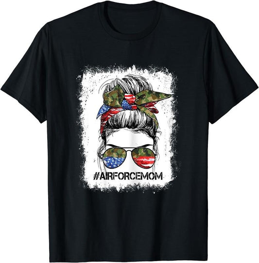 All American Airforce Mom Messy Bun US Flag 4th Of July T-Shirt | Unisex Cotton Tee Gift, Crewneck, Short Sleeve