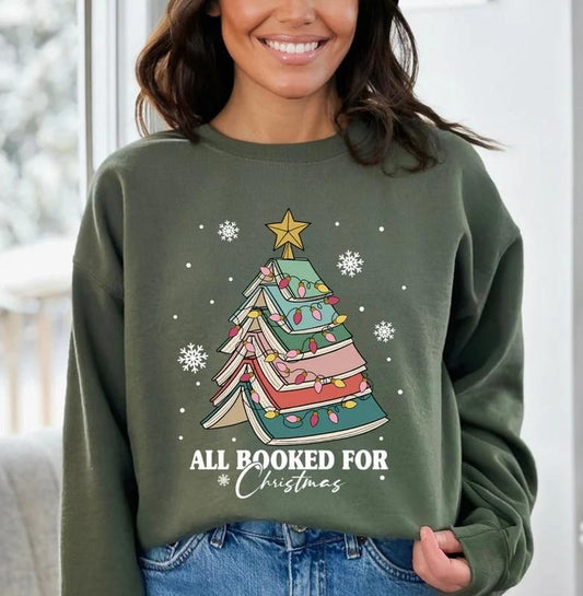 All Booked for Christmas Sweatshirt, Bookworm Christmas Hoodie, Christmas Gift for Teacher, Christmas Book Tree Hoodie, Gift for Librarian