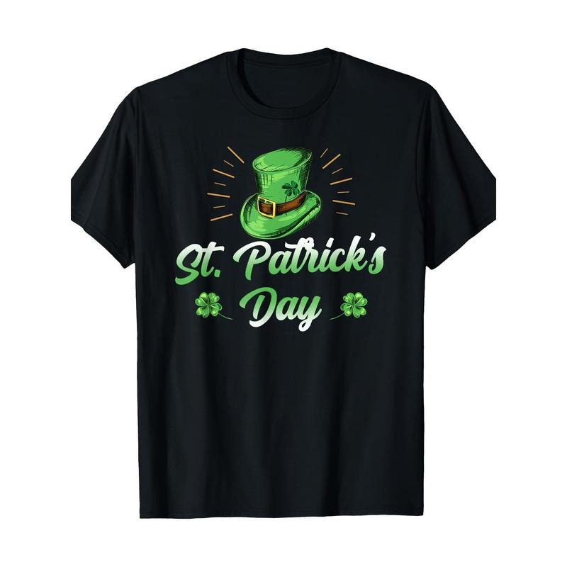 All-season wear, Men'S St. Patrick'S Day Cotton T-shirt- Black, with Green Top Hat and Clover Pattern, Casual Bohemian Style, Short Sleeve, 180g made in usa