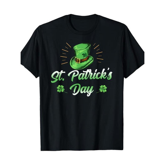 All-season wear, Men'S St. Patrick'S Day Cotton T-shirt- Black, with Green Top Hat and Clover Pattern, Casual Bohemian Style, Short Sleeve, 180g made in usa