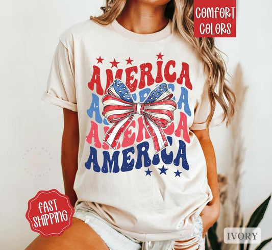 America Bow Shirt Comfort Colors, July 4th Shirt, USA Oversized Graphic Tshirt, America Tshirts, Memorial Day Shirt