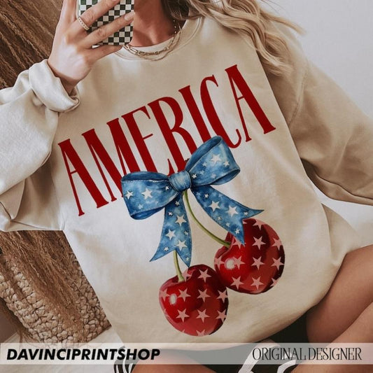 America Cherries Shirt, Cherry Bow Tee, Trendy July 4th , 4th of july Woman , Usa Flag Sweatshirt