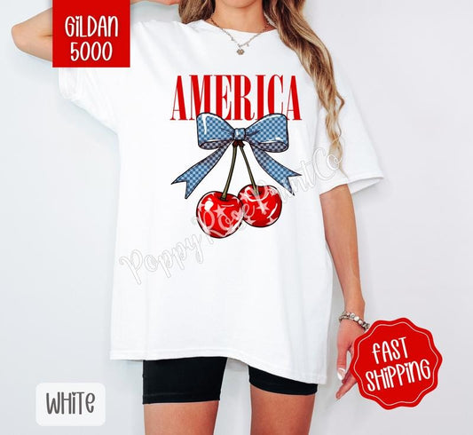 America Cherry Gildan Tshirt , Fruit Summer Tee, Cute Women's Shirt, Gift For Her