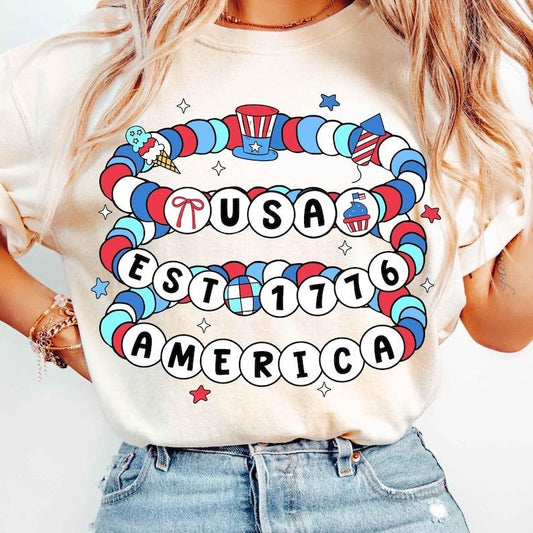 America Friendship Bracelet tshirt, Girly 4th of July shirt, 1776 tshirt, Memorial Day, Preppy USA sweatshirt, Independence Day, Vintage America Coquette, women's shirts, Gift for Mom, Menswear Top, women top, Gift For menswear