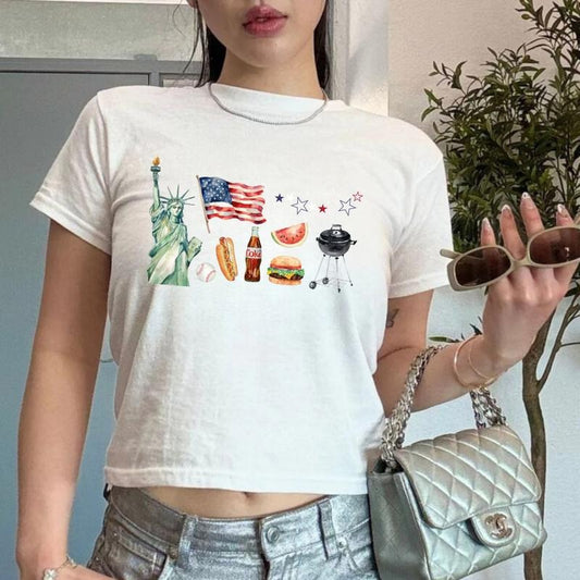 America Icons Baby Tee, Liberty Statue Baby Tee, USA Independence Day T-Shirt, Hotdog 4th Of July Baby Tee, Fourth Of July Baby Tee