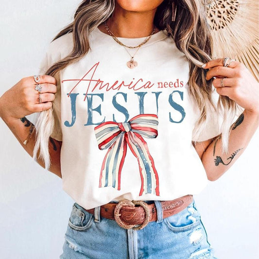 America Needs Jesus Coquette Bow Watercolor Tee Unisex Cotton Round Neck Shirt for Men and Women, Full Sizes, Patriotic Print, Womenswear Comfort Top
