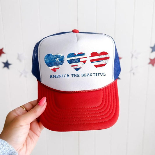 America The Beautiful, Hearts, Patriotic, Snapback Trucker Hat, America, USA, Independence Day, Patriotic Cap for Women, Sassy Graphic Hats