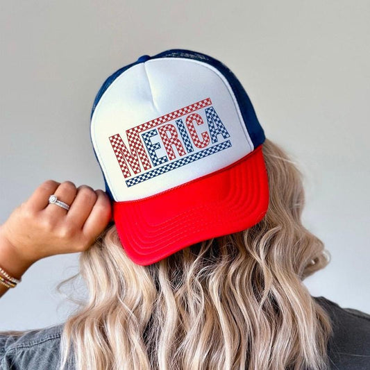 America, Checkered, Patriotic, Snapback Trucker Hat, America, USA, Independence Day, Patriotic Cap for Women, Sassy Graphic Hats