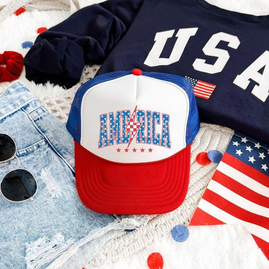 America, Lightning Bolt, Patriotic, Snapback Trucker Hat, America, USA, Independence Day, Patriotic Cap for Women, Sassy Graphic Hats