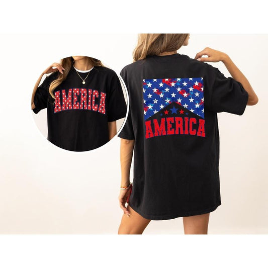 America, Red White Blue, Stars, Stripes, Patriotic, Independence Day, Front and Back, USA, Flag, Tshirt, Women's Comfort Color Tee, Tshirt