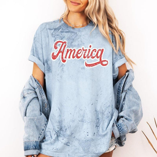 America, Red, White, Varsity, Retro, Patriotic, USA, 4th of July, Color Blast Tshirt Comfort Colors T-Shirt, Women's Comfort Colors Tee