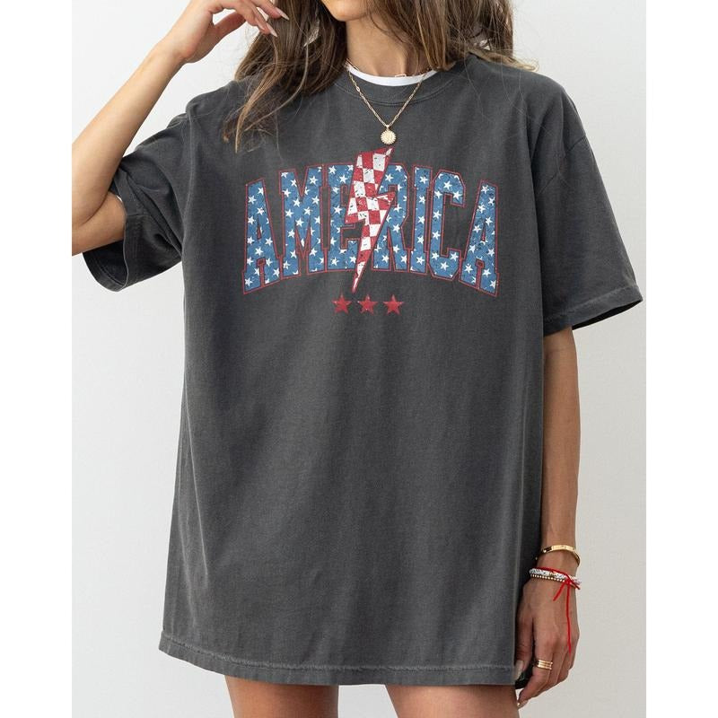 America, Retro, Lightening Bolt, USA, Patriotic, Independence Day, Fourth Of July, 4th Of July Tshirt, Women's Comfort Color Tee, Tshirt