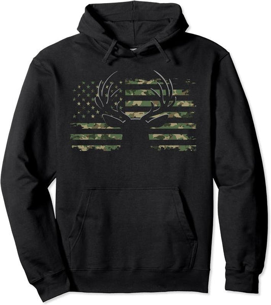 American Flag Camouflage Outdoor Antlers Deer Hoodie | Unisex Hooded Sweatshirt | FAST SHIPPING