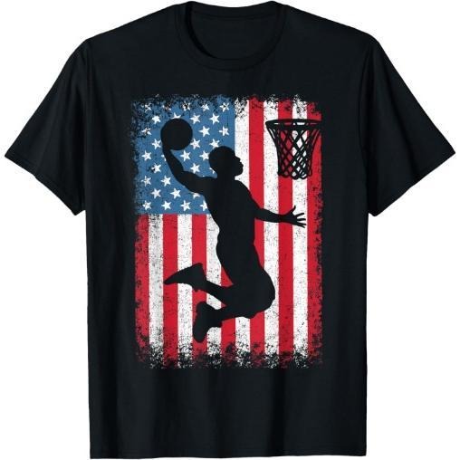 American Patriotic Basketball 4th of July USA Flag Men Boys T-Shirt Made in USA