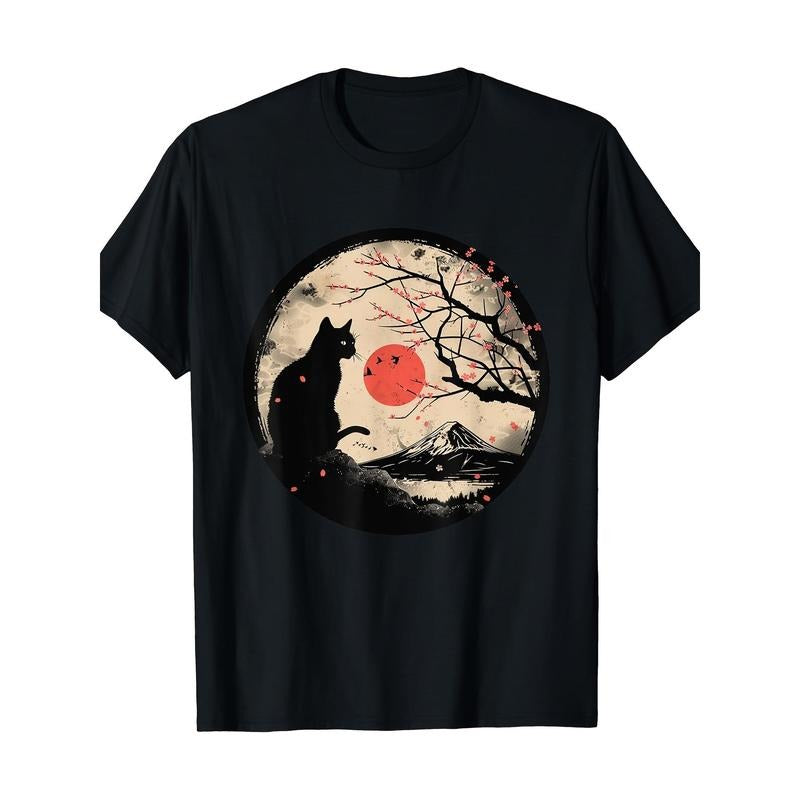 Anime Japanese Retro Cat, Cotton T-shirt, Niche Print Design, High-quality Breathable Material, Soft Skin and Sweat Absorption Made in USA